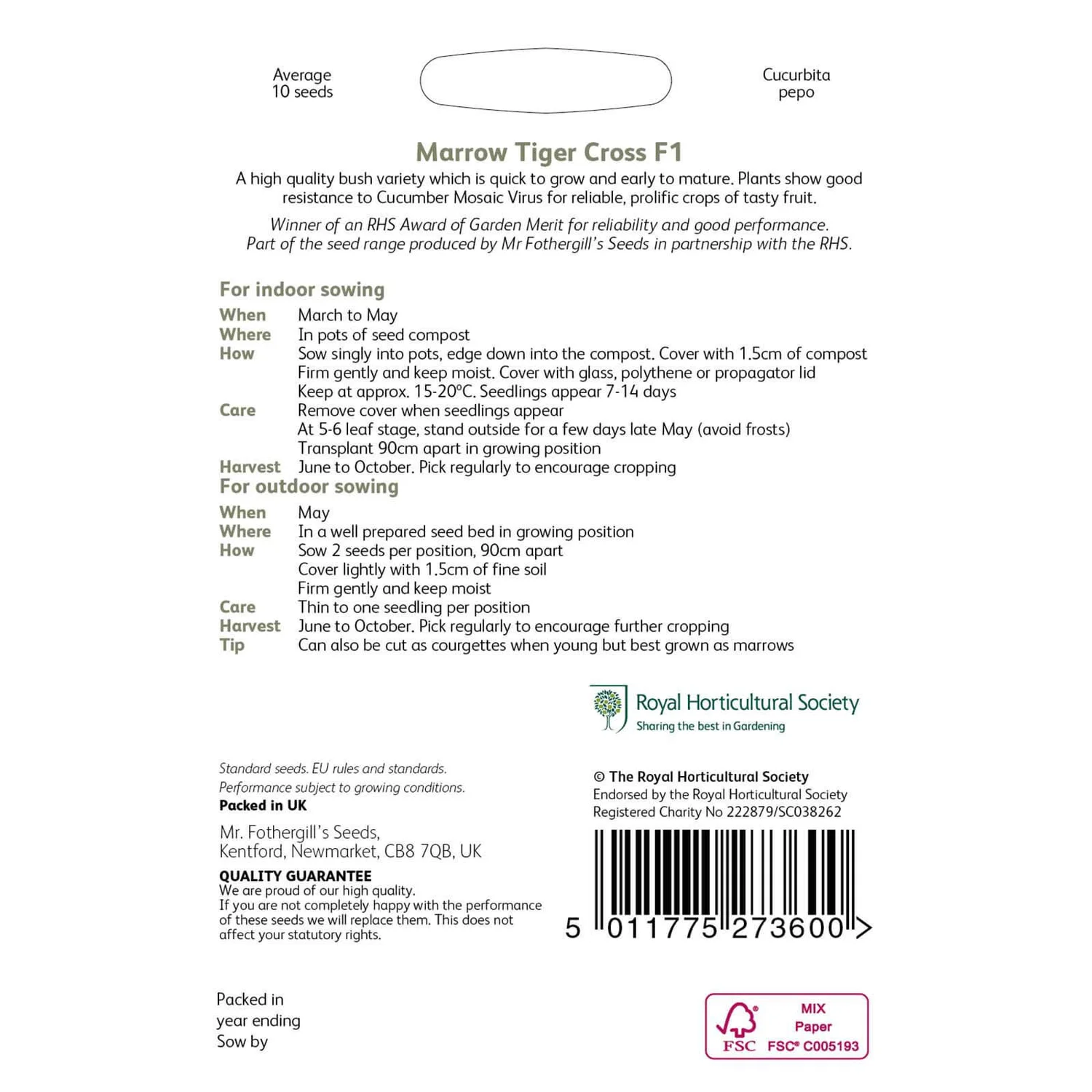 RHS Marrow Tiger Cross F1 Seeds 4 RHS Marrow Tiger Cross F1 Seeds - Image 2