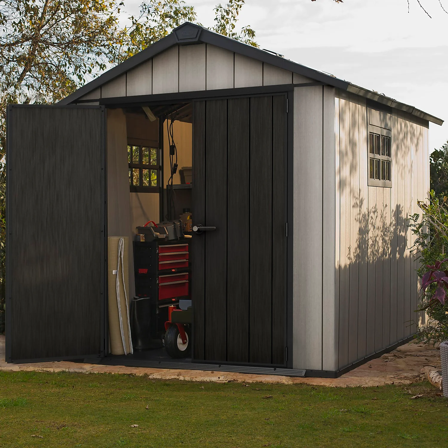Keter Oakland 7.5 X 11ft Outdoor Garden Apex Storage Shed - Grey 4 Keter Oakland 7.5 X 11ft Outdoor Garden Apex Storage Shed - Grey - Image 2