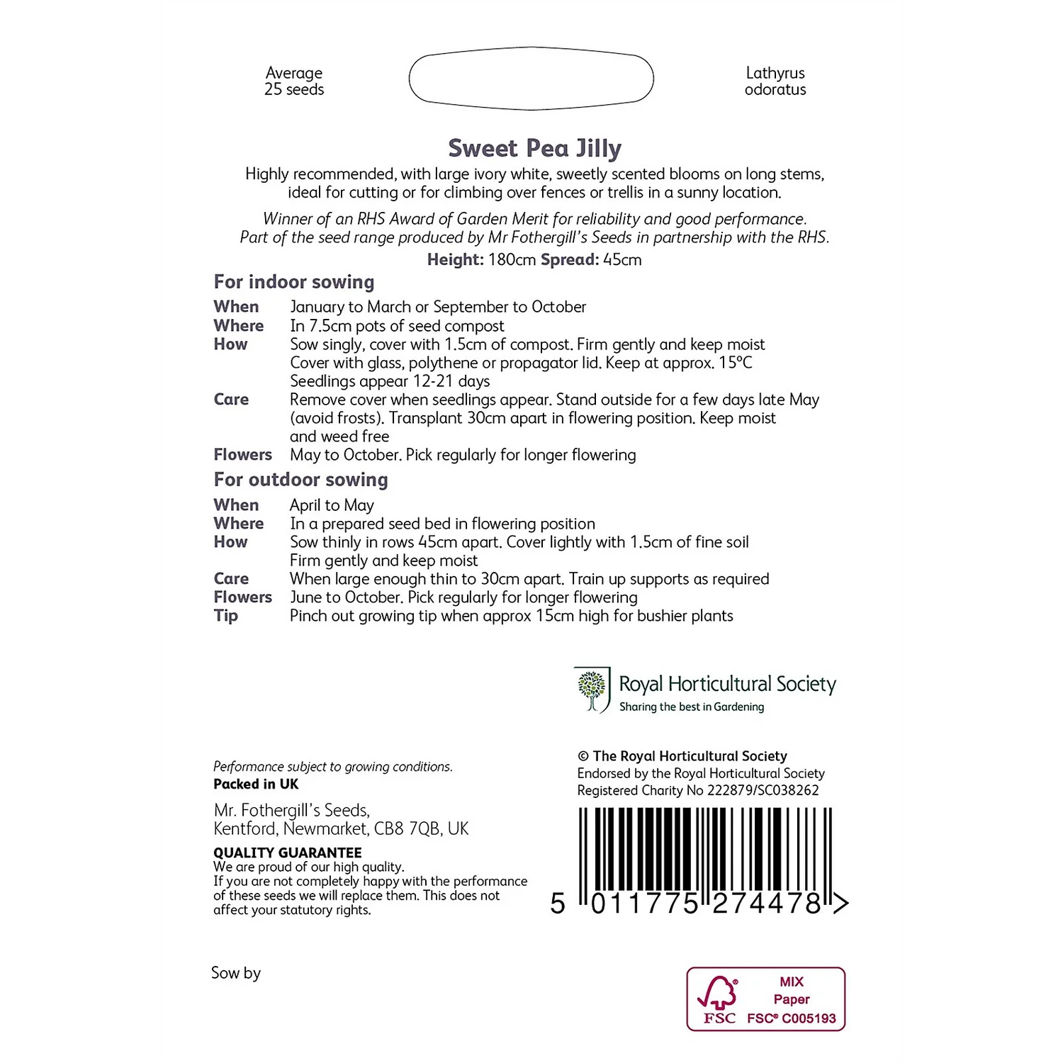 RHS Sweet Pea Jilly Seeds 4 RHS Sweet Pea Jilly Seeds - Image 2