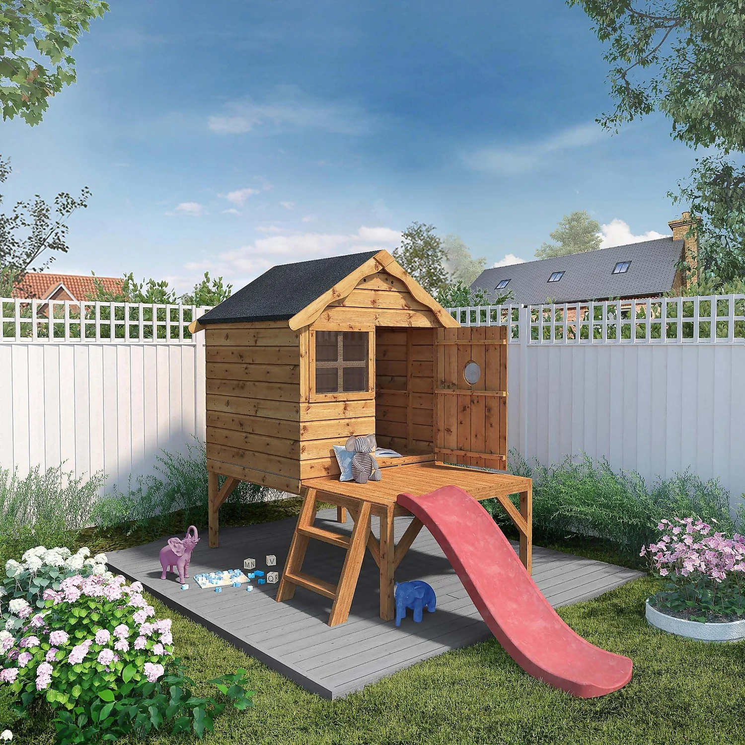 Mercia 7 X 9'4ft Snug Wooden Playhouse Tower And Slide 4 Mercia 7 X 9'4ft Snug Wooden Playhouse Tower And Slide - Image 2