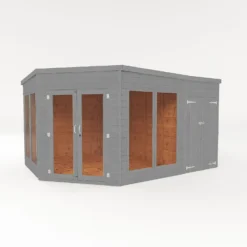 Country Living Premium Ribble 9ft X 13ft Corner Summerhouse With Side Shed Painted + Installation - Thorpe Towers Grey